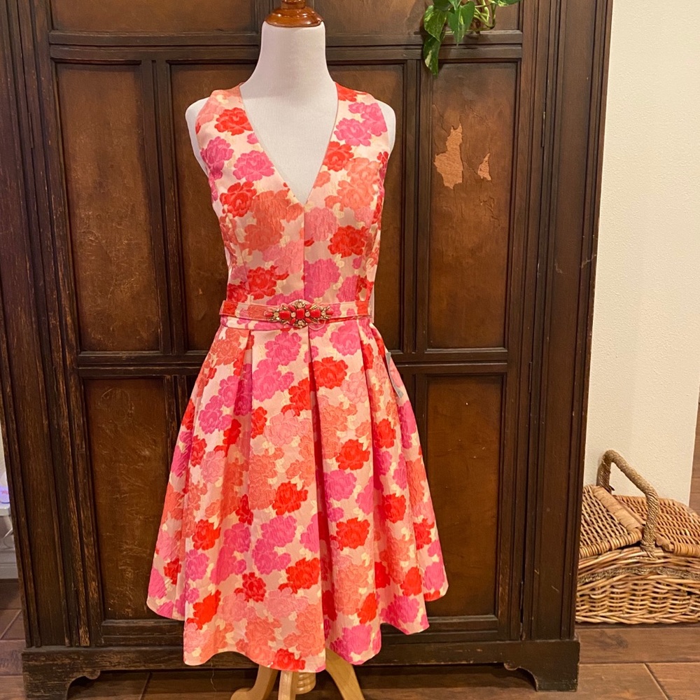 Eliza J. floral pink coral jacquard cocktail dress